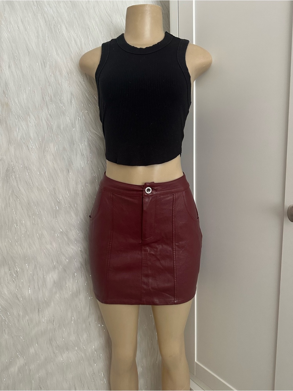 Le Lis Wine Red Faux Leather High-Waist Mini Skirt